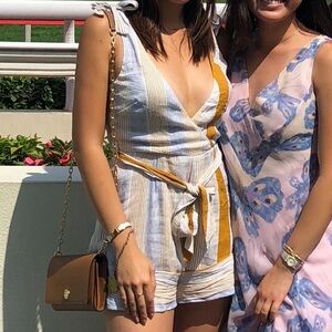 Blue/yellow striped linen romper